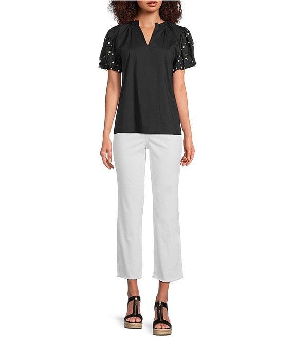 Calessa Short Pearl Sleeve Split V-Neck Woven Blouse Product Image