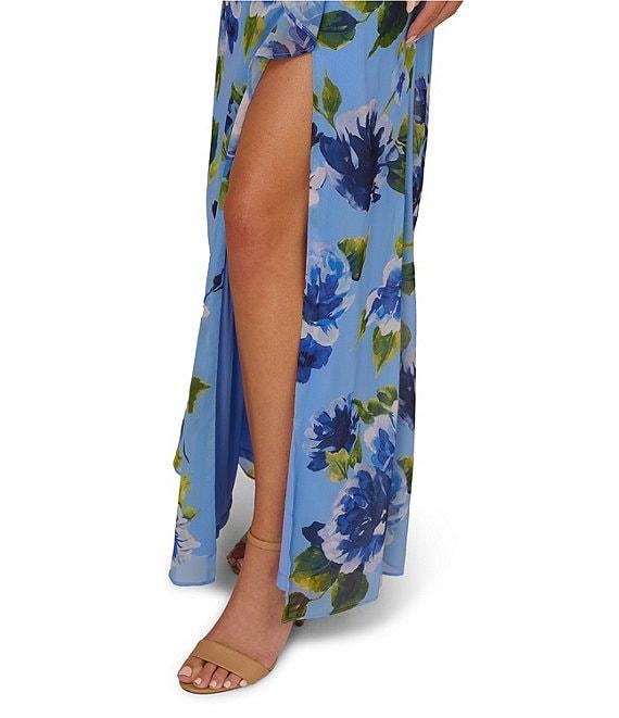 Adrianna Papell Floral Print Chiffon Asymmetrical Neck Sleeveless Front Ruffle Twist Column Dress Product Image