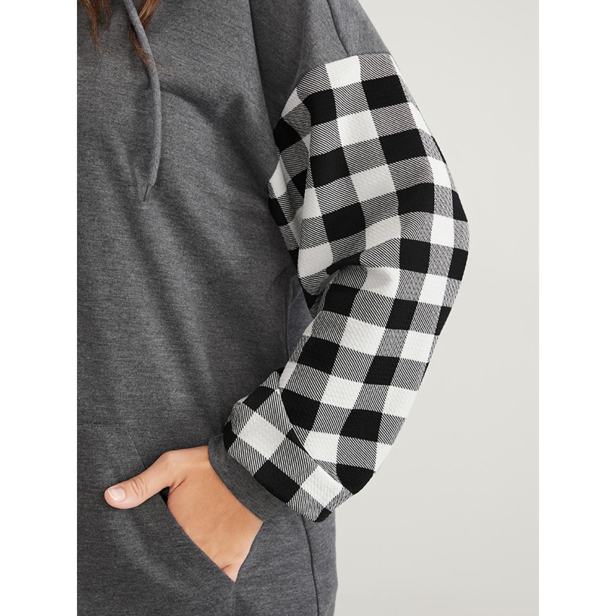 Plus Size Gingham Pocket Button Up Hooded Sweatshirt Women DimGray Casual Contrast Hooded Dailywear Sweatshirts BloomChic 12/L Product Image