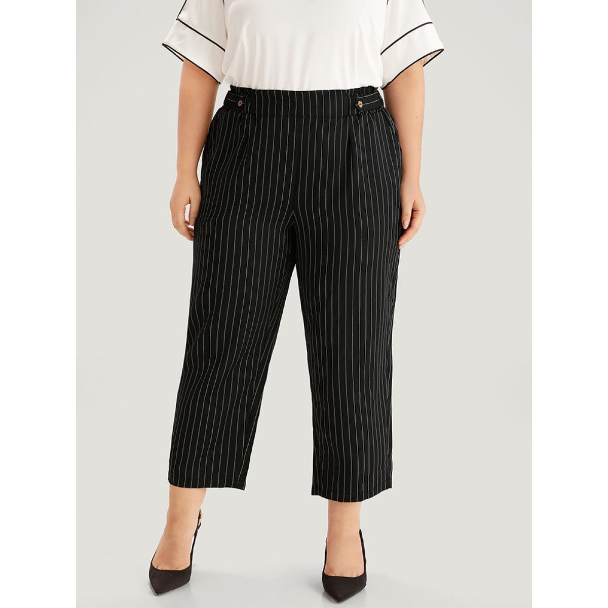 Plus Size Striped Button Detail Pocket Pleated Pants Women Black Office Straight Leg High Rise Office Pants BloomChic 30/6X Product Image
