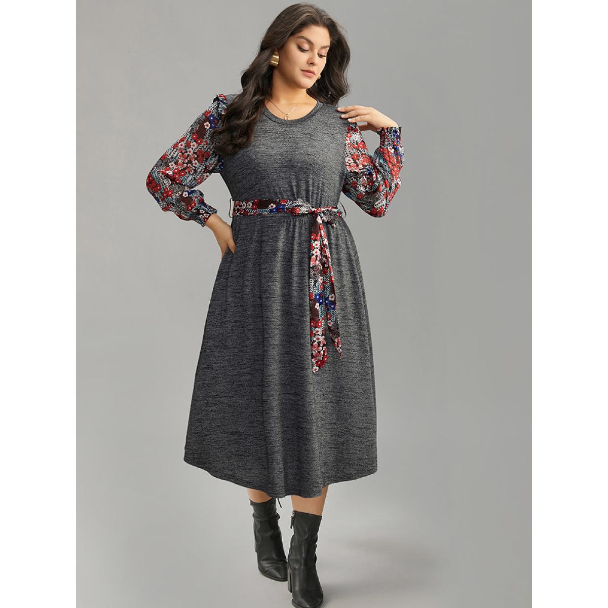 Plus Size Ditsy Floral Patchwork Ruffle Trim Belted Dress DimGray Women Casual Belted Round Neck Long Sleeve Curvy Midi Dress BloomChic 28/5X Product Image