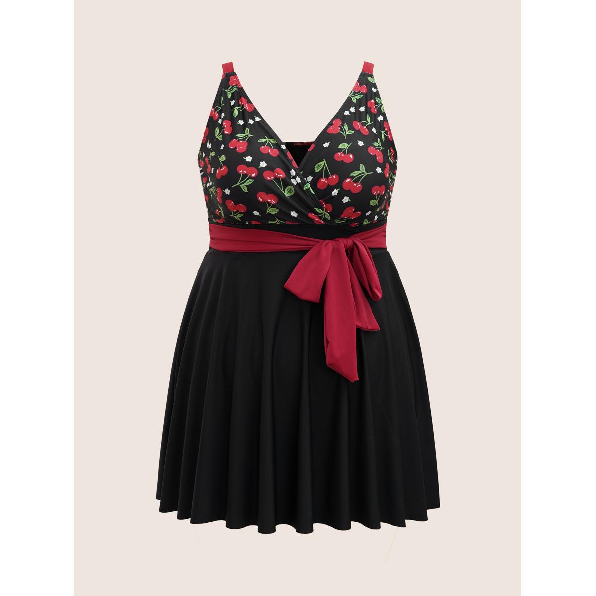 Plus Size Cherry Print Wrap Tie Knot Swim Dress Women's Swimwear Black Beach Bodycon Overlap Collar High stretch Curve Swim Dresses BloomChic 26/4X Product Image