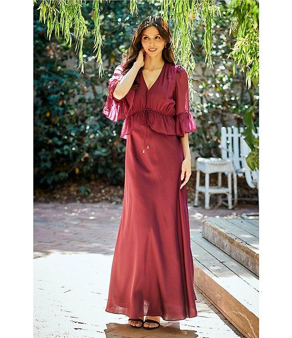 Moda Tara Crepe Satin & Georgette Chiffon Short Ruffle Sleeve A-Line Maxi Dress Product Image