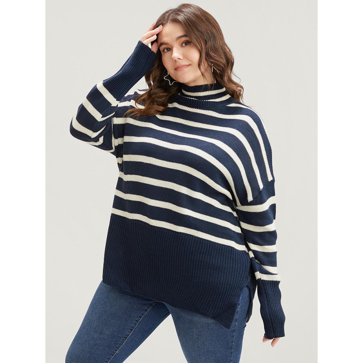 Plus Size Striped Contrast Pointelle Knit Split Hem Mock Neck Knit Top DarkBlue Women Casual Loose Long Sleeve Mock Neck Dailywear Pullovers BloomChic 26/4X Product Image