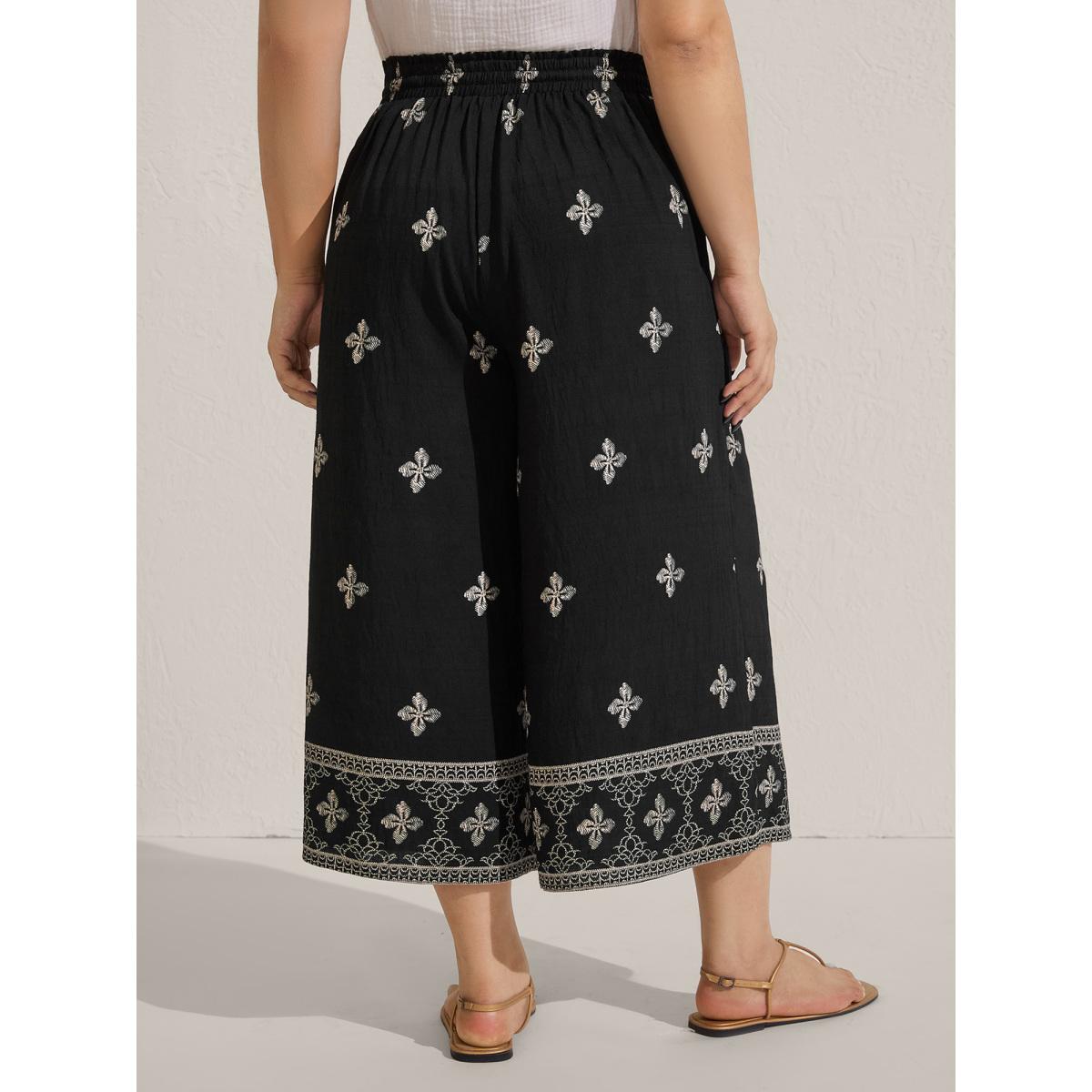Plus Size Boho Print Color Contrast Wide-Leg Pants Women Black Boho Wide Leg Mid Rise Vacation Pants BloomChic 12/L Product Image