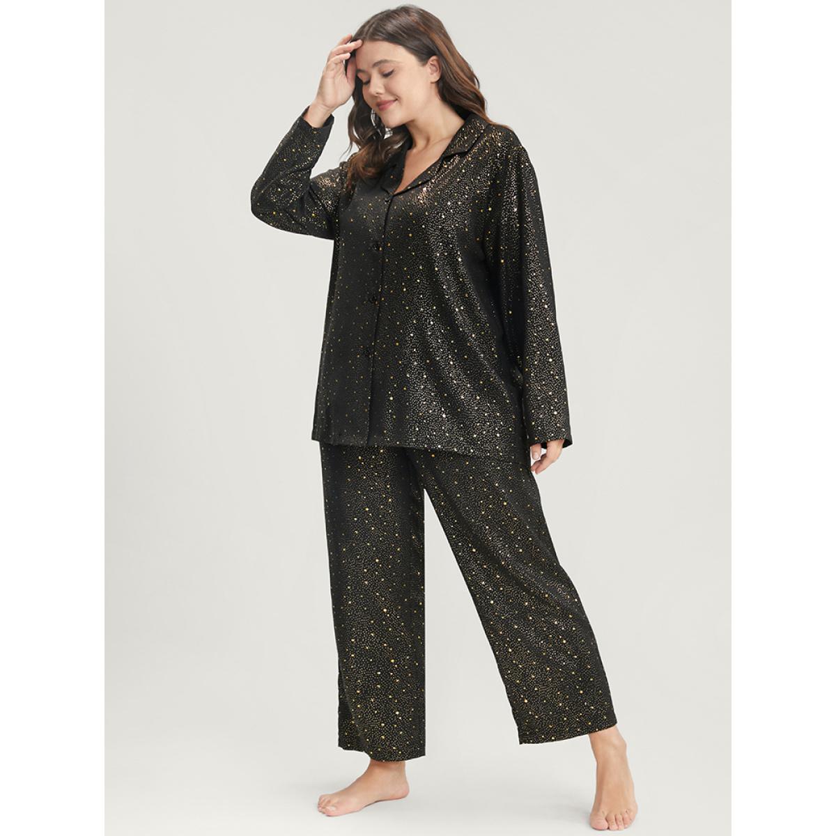 Plus Size Moon And Star Suit Collar Button Up Pajama Set Women Black Moon and Star Printed Long Sleeve Suit Collar Casual Loungewear Sets BloomChic 12/L Product Image