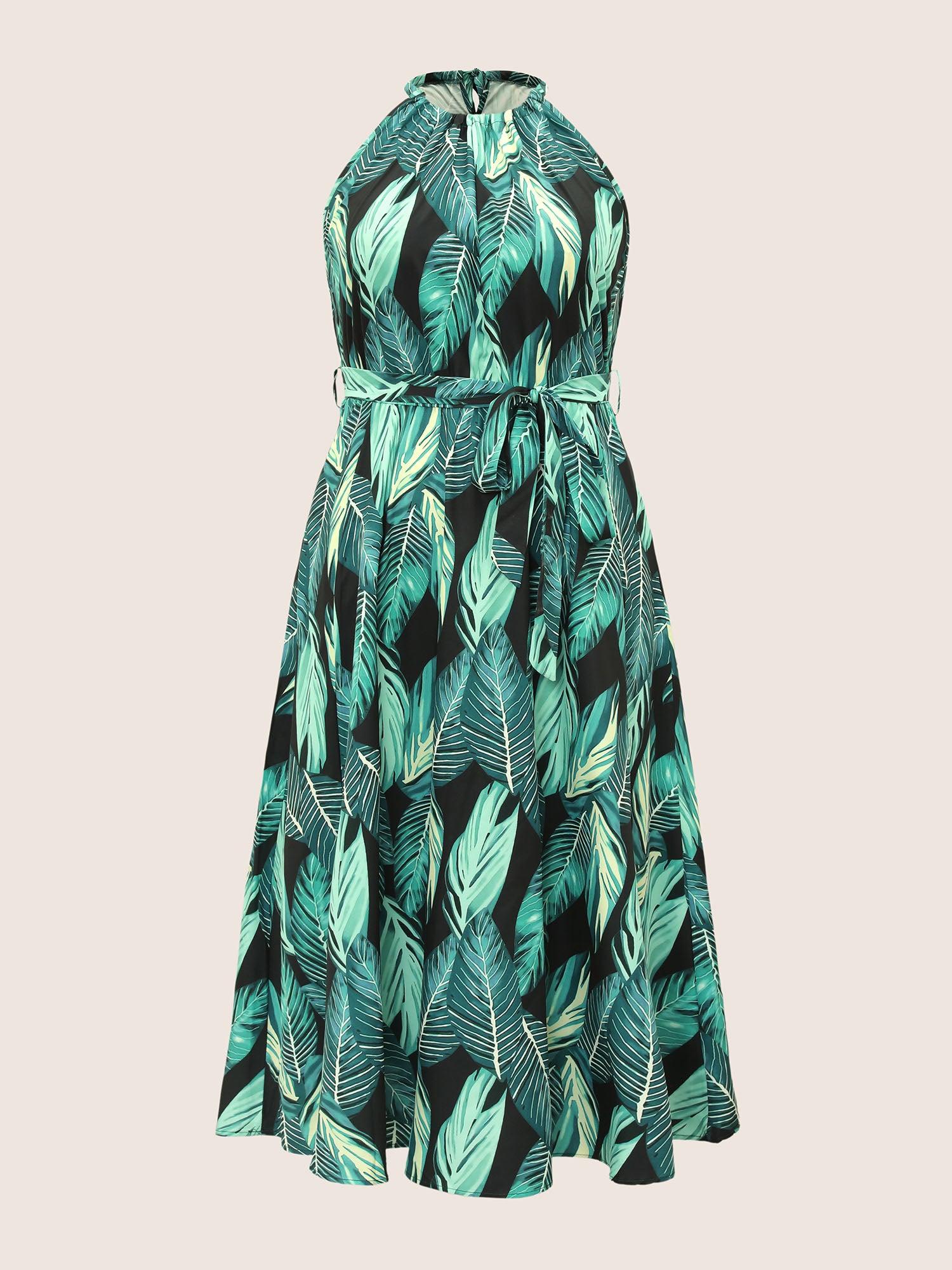 Tropical Print Knotted Pocket Ruffles Belted Halter Dress Female Product Image