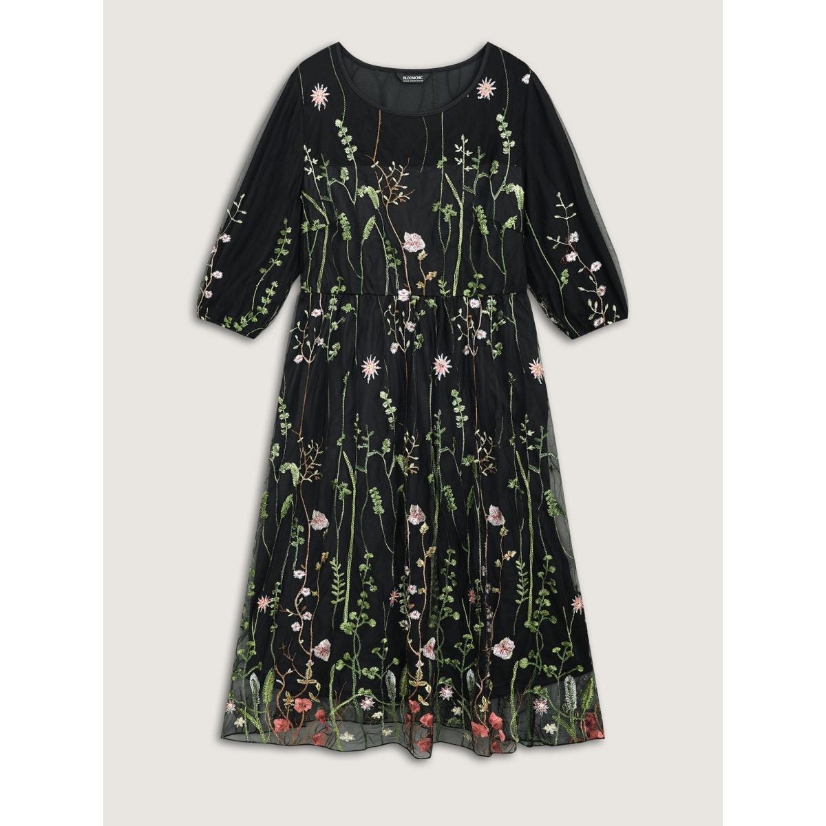 Plus Size Floral Embroidered Elastic Waist Lined Midi Dress Black Women Formal Texture Party Curvy Bloomchic 10/M Product Image