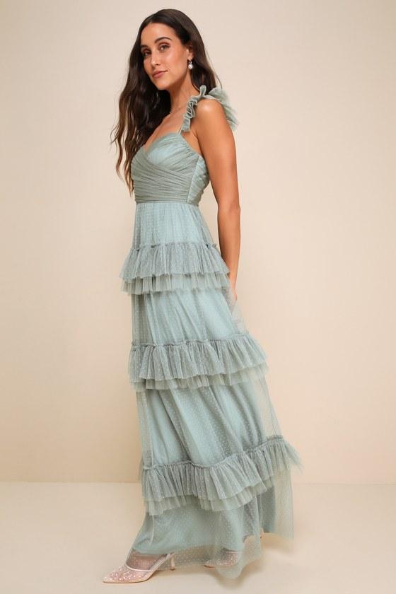 Pure Radiance Sage Brush Mesh Swiss Dot Tiered Maxi Dress Product Image