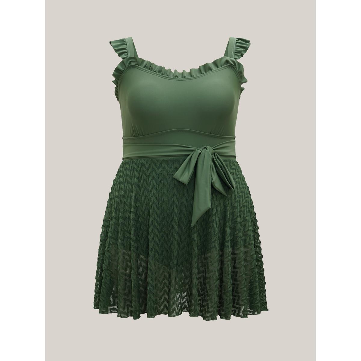 Plus Size Frill Trim Belted Fit Flare Swim Dress Women's Swimwear Moss Resort Bodycon Heart neckline High stretch Curve Swim Dresses BloomChic 30/6X Product Image