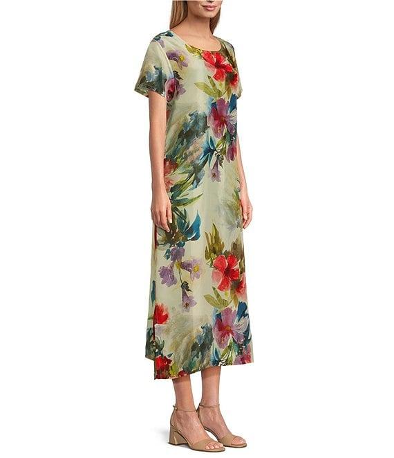 Bryn Walker Wesley Silk Fiori Print Round Neck Short Sleeve A-Line Midi Dress Product Image