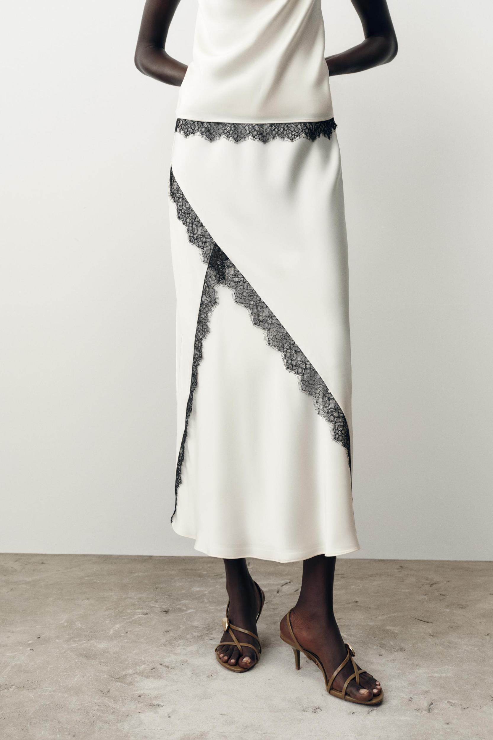 SATIN EFFECT LACE MIDI SKIRT Product Image