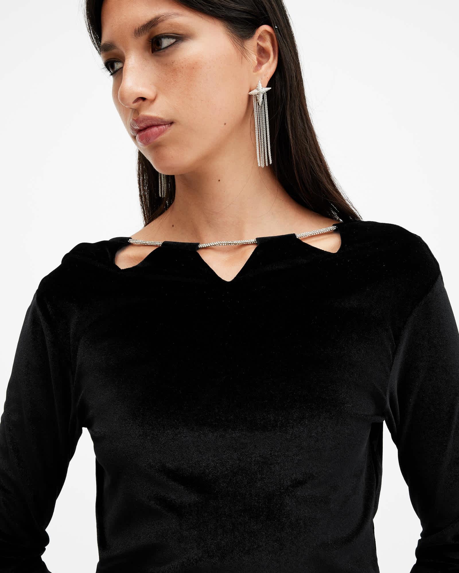 Regina Velvet Sparkle Drawcord Mini Dress Black | ALLSAINTS US Product Image