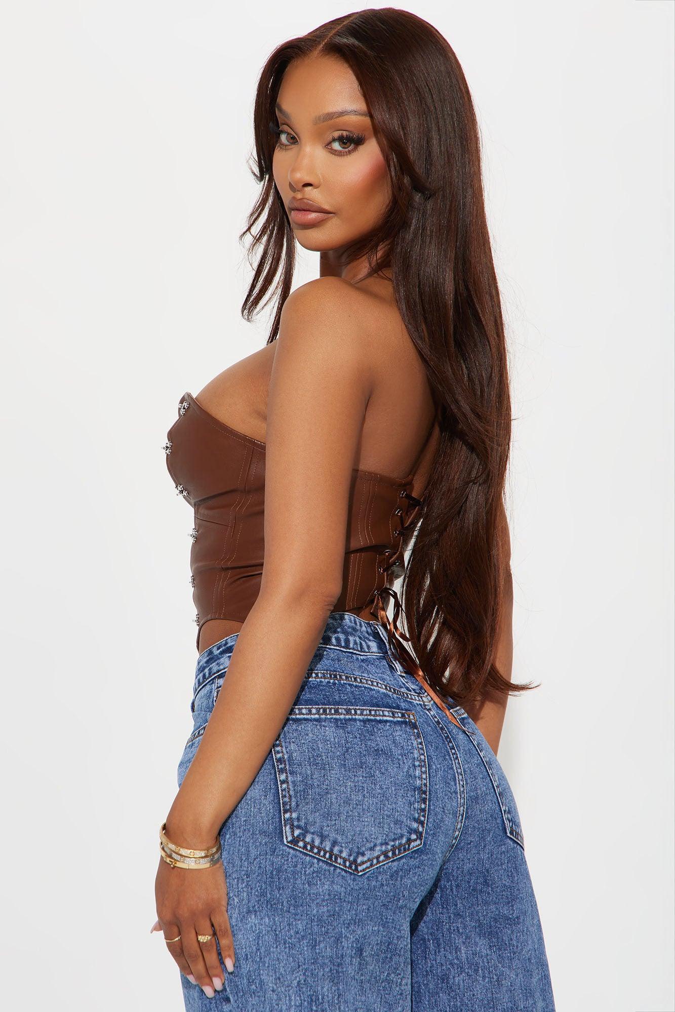 Rockstar Status Faux Leather Corset Top - Brown Product Image