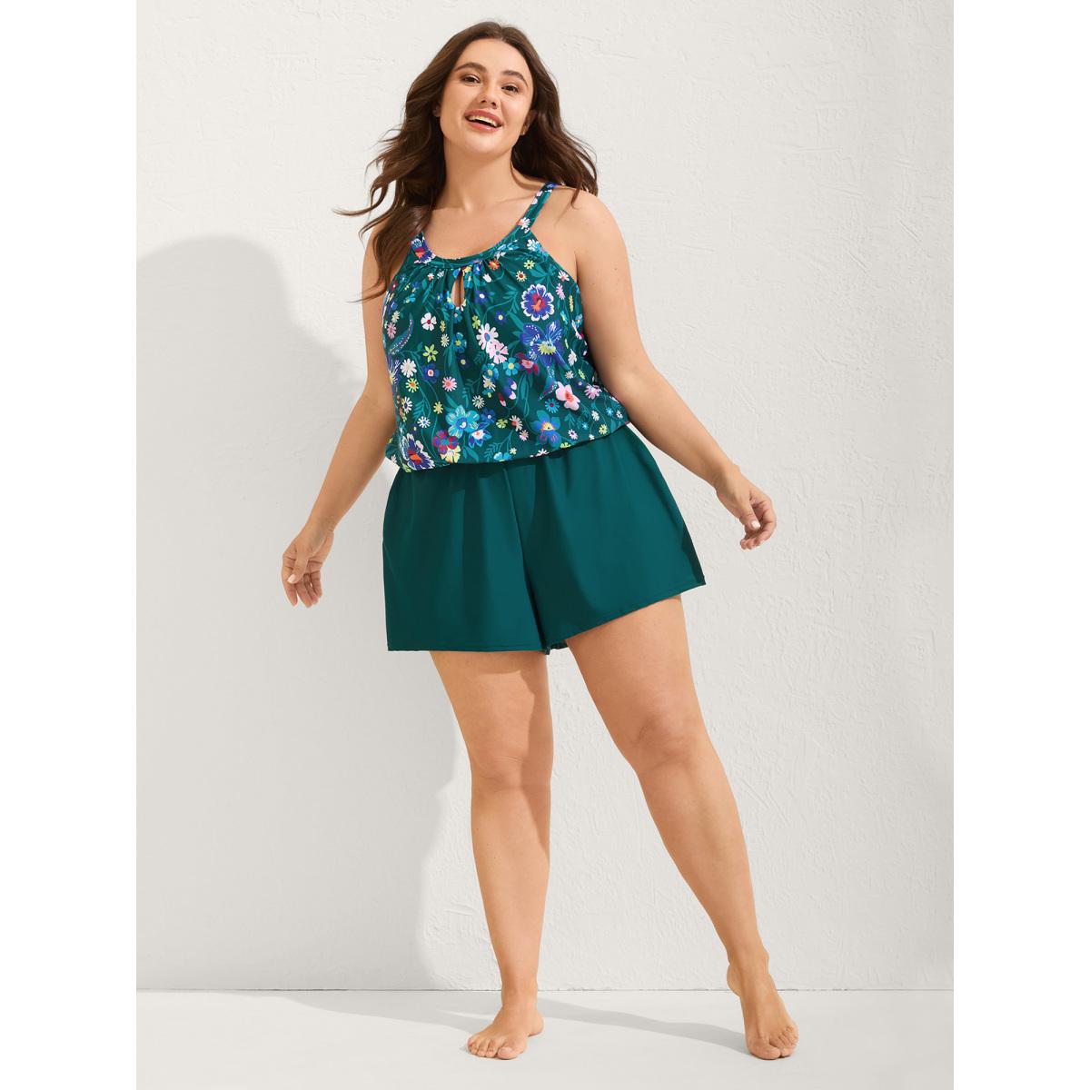 Plus Size Floral Print Keyhole Pockets Swim Romper Women's Swimwear Cyan Resort Curve Bathing Suits High stretch One Pieces BloomChic 10/M Product Image
