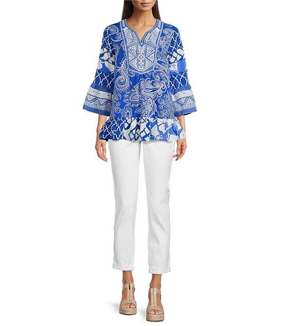 Calessa Petite Size Summer Paisley Split V-Neck Embroidered Tunic Product Image