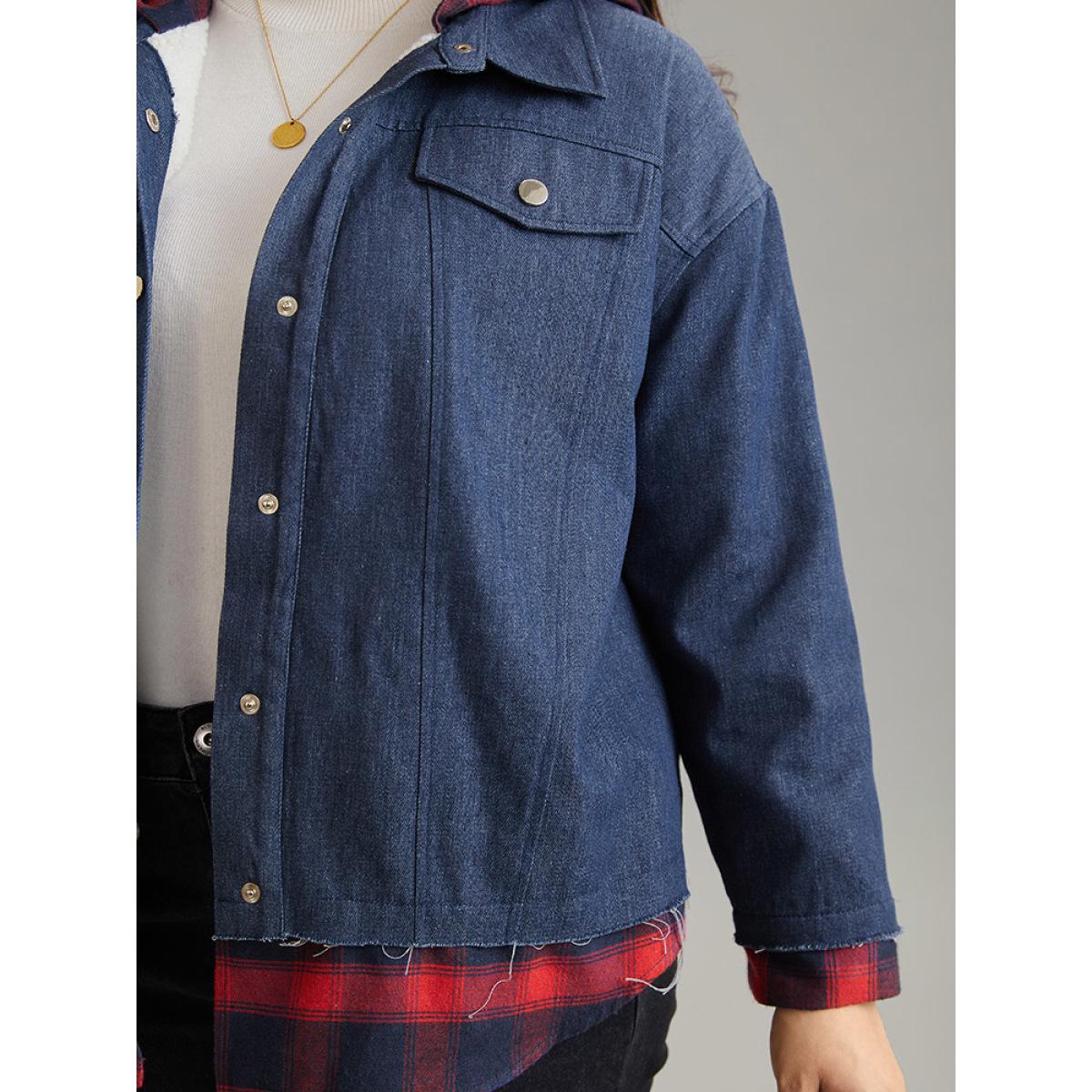 Plus Size Denim Plaid Patchwork Contrast Hooded Jacket Women Navy Casual Contrast Ladies Dailywear Winter Coats BloomChic 18-20/2X Product Image