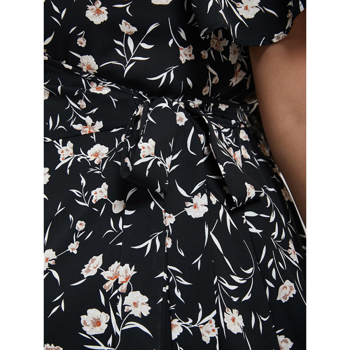 Plus Size Floral V Neck Ties Ruffled Split Midi Dress BlackFlower Women Elegant Slit V-neck Short sleeve Curvy Midi Dress BloomChic 26/4X Product Image