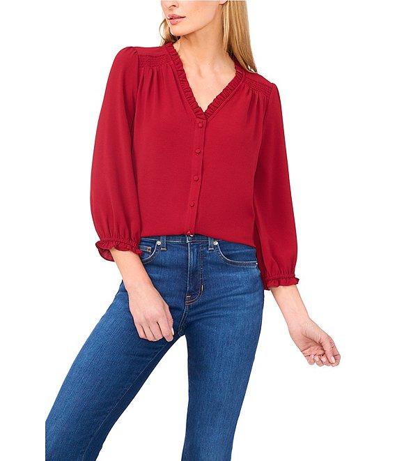 CeCe Woven V-Neck 3/4 Sleeve Ruffled Blouse Product Image