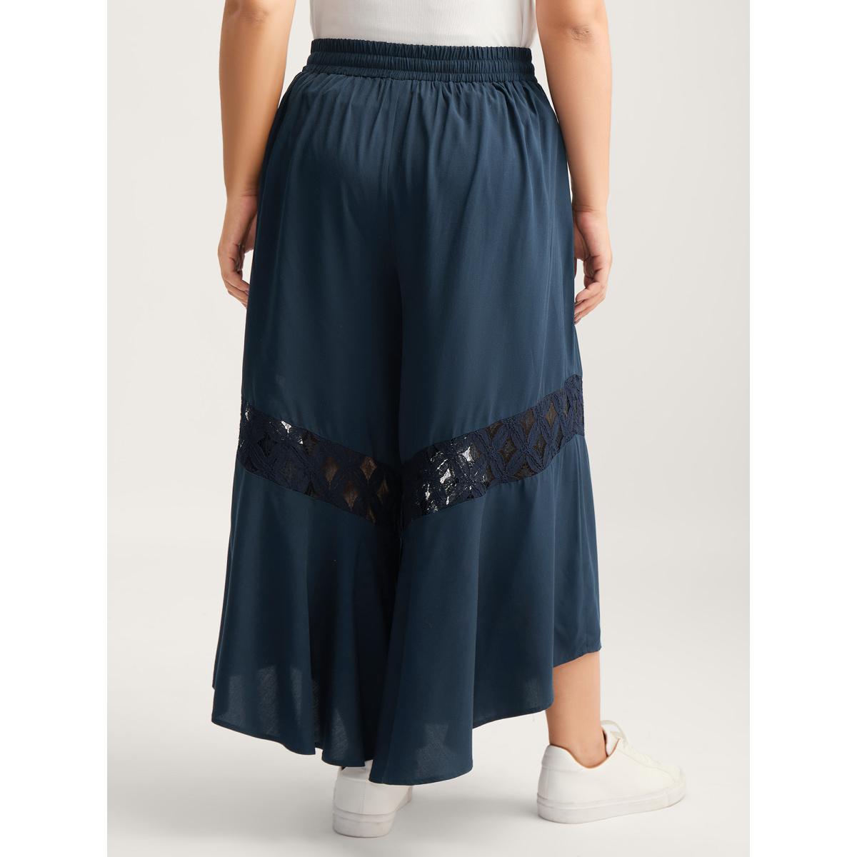 Plus Size Sheer Lace Trim Flared Drawstring Pants Women Indigo Casual Wide Leg Mid Rise Casual Pants BloomChic 28/5X Product Image