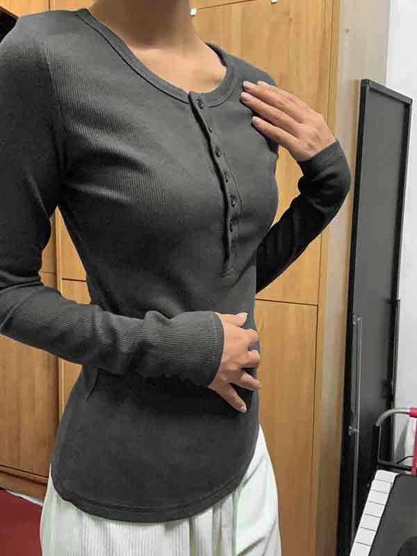 Solid Color Ribbed Button Slim Long Sleeve Knit Product Image