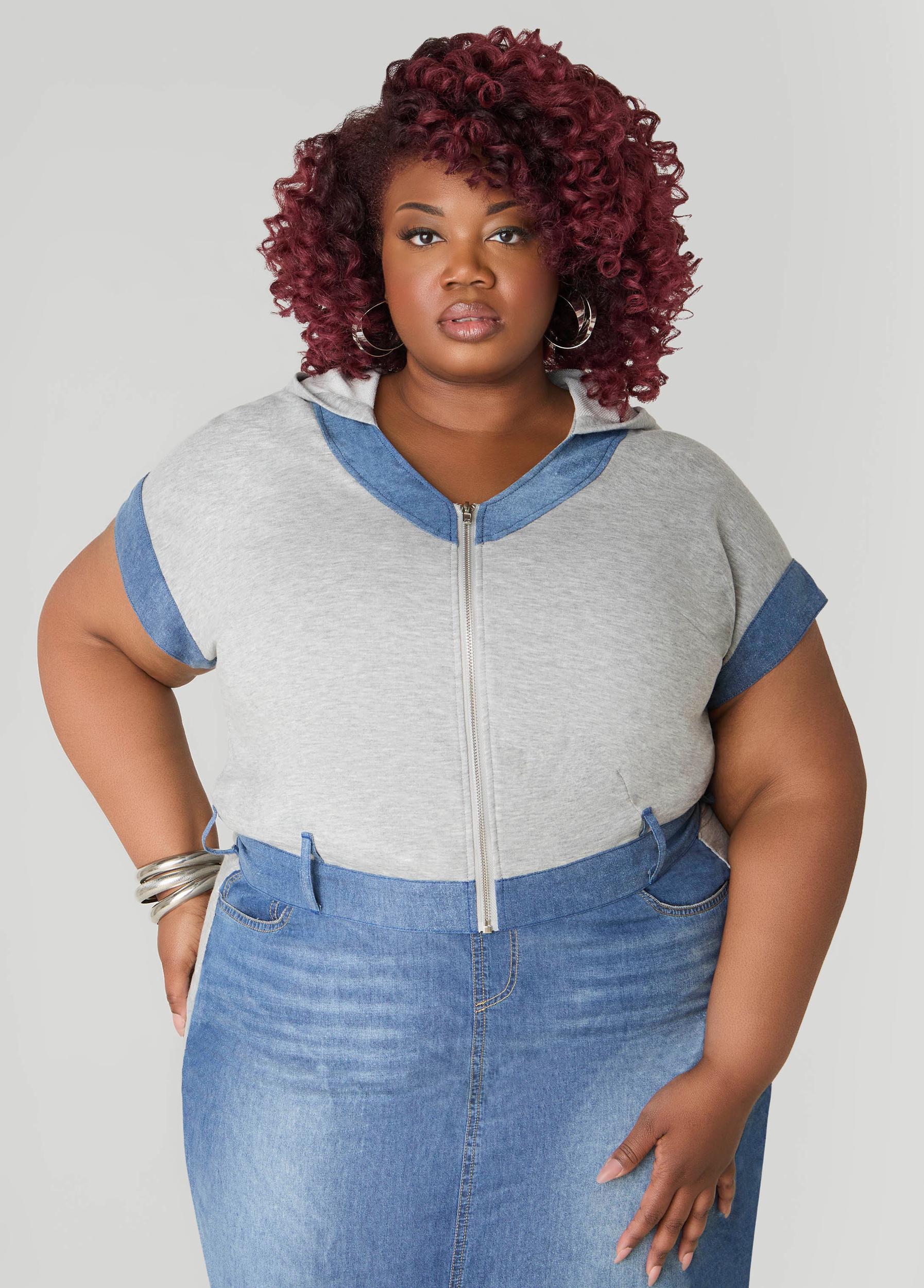 Plus Size Denim Trimmed French Terry Hoodie Ashley Stewart Product Image