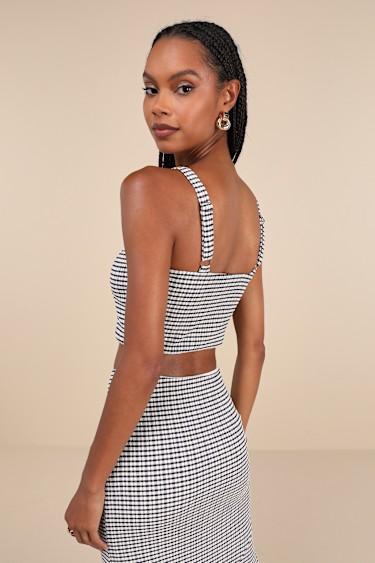 Classic Choice Navy Blue Gingham Square Neck Cropped Tank Top Product Image