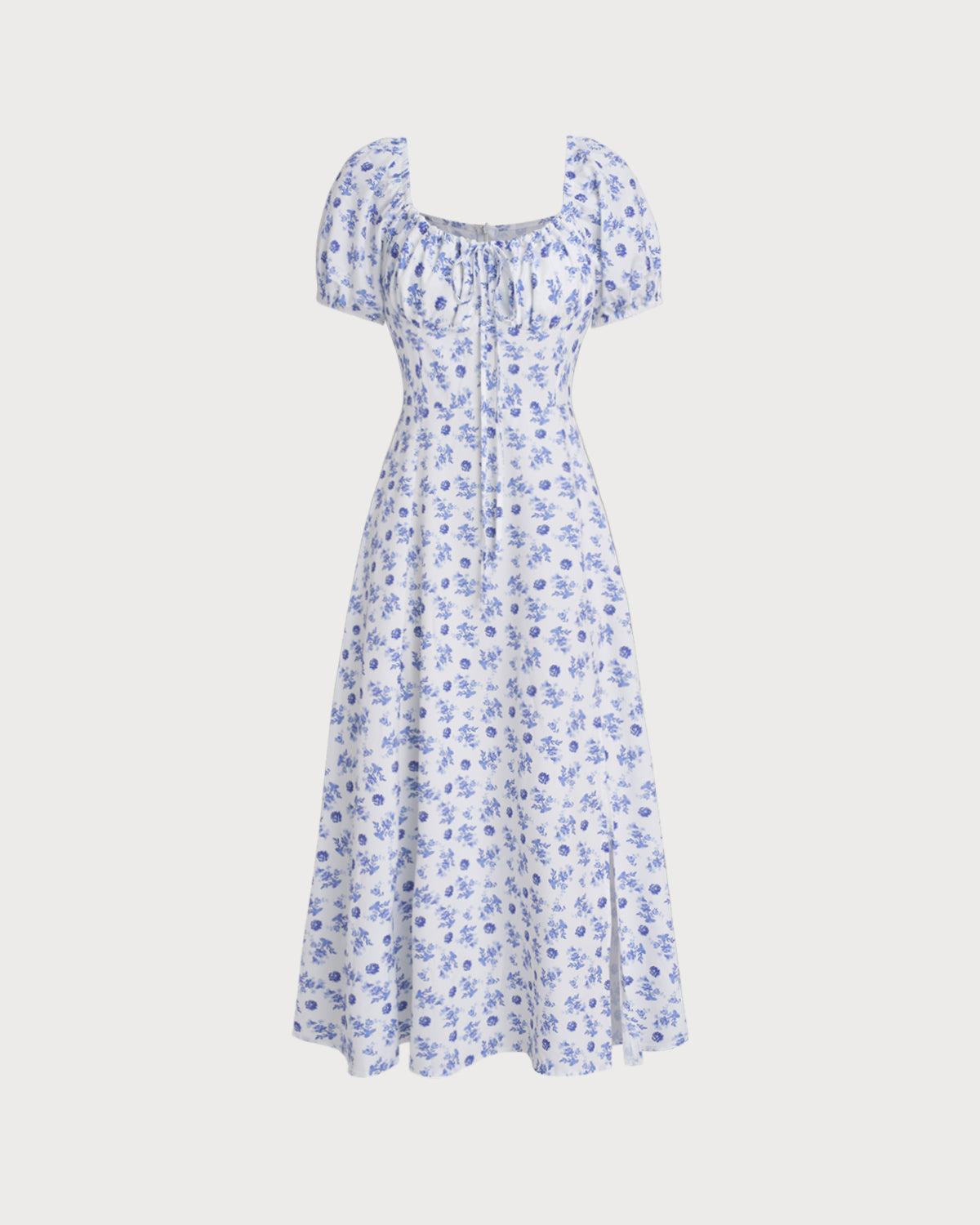 Blue Floral Square Neck Ruched Midi Dress Product Image
