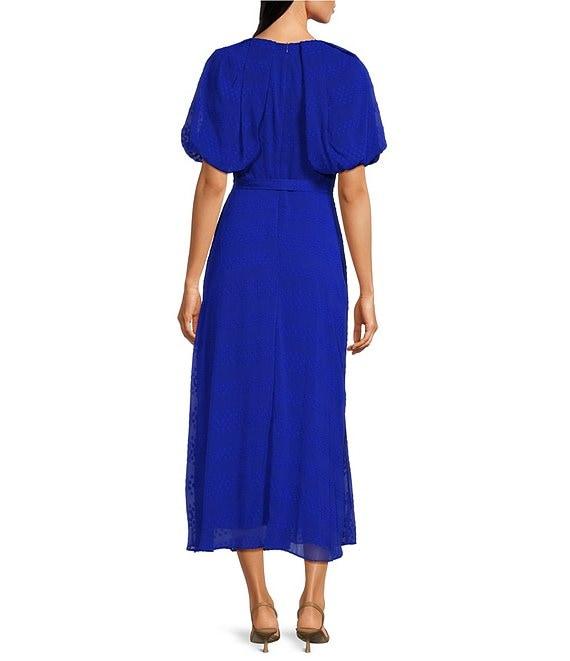 Moda Tara Short Puffed Sleeve V-Neck Chiffon A-Line Midi Dress Product Image