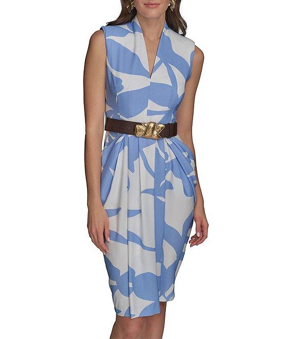 Donna Karan Dot Crepe V-Neck Sleeveless Belted Sheath Midi Dress Product Image