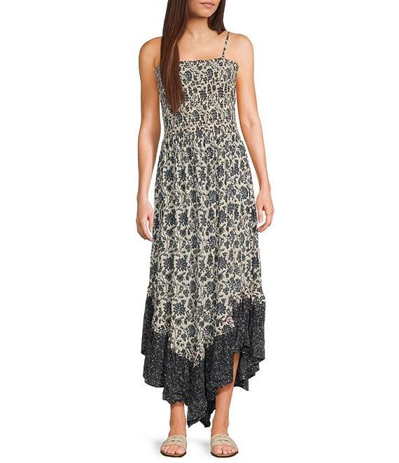 Angie Floral Print Smocked Bodice Spaghetti Strap High-Low Maxi Dress Product Image