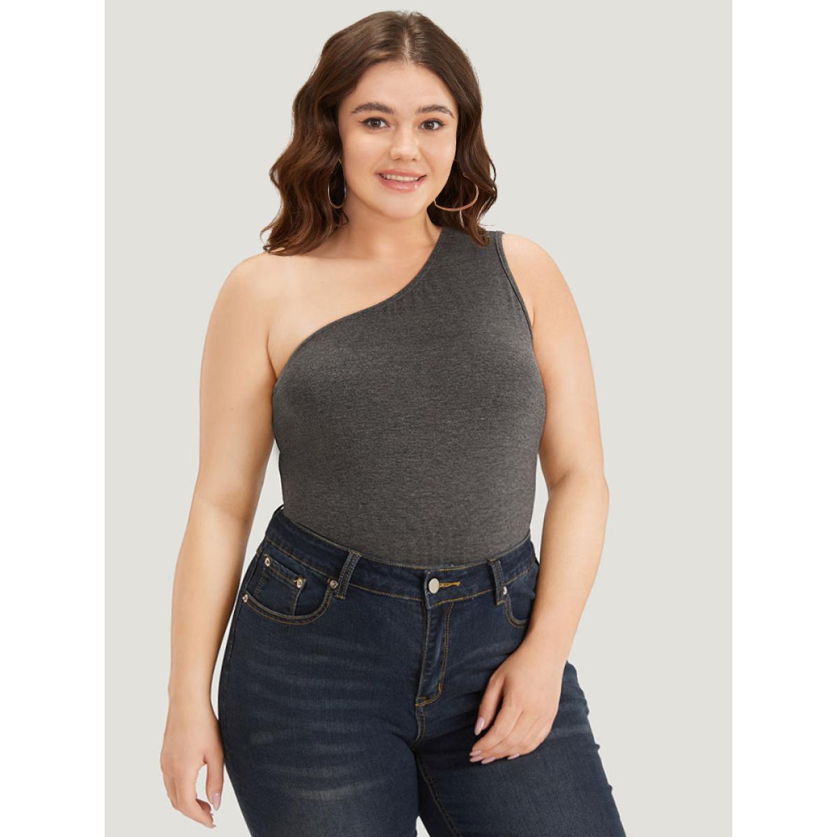 Plus Size Plain One Shoulder Slightly Stretchy Bodysuit Women DimGray Plain Plain Bodysuits BloomChic 22-24/3X Product Image