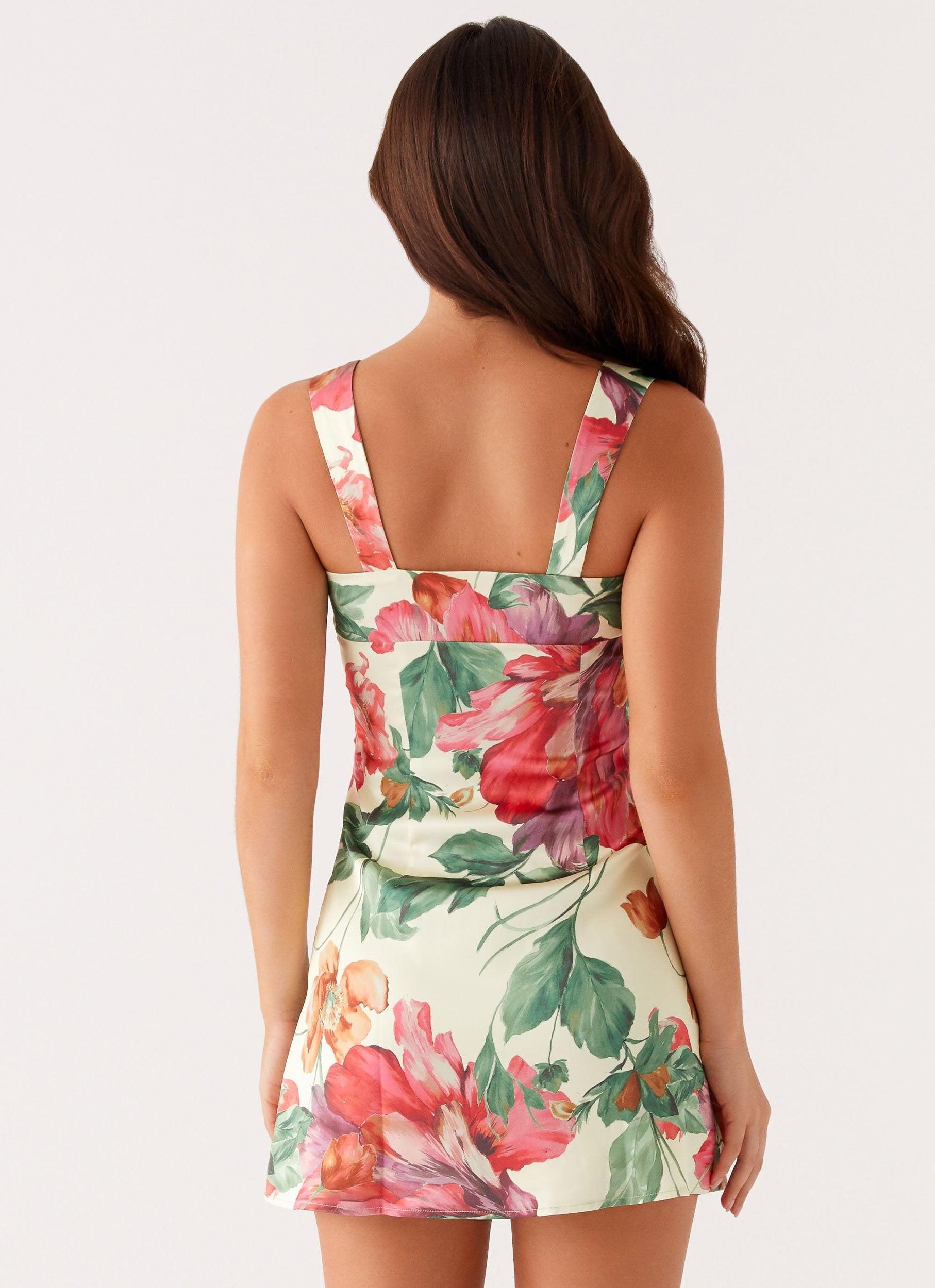 Odette Satin Mini Dress - Yellow Floral Product Image