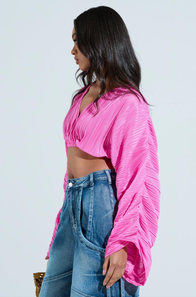 CROPPED PLISSE RUCHED SLEEVE BLOUSE Product Image