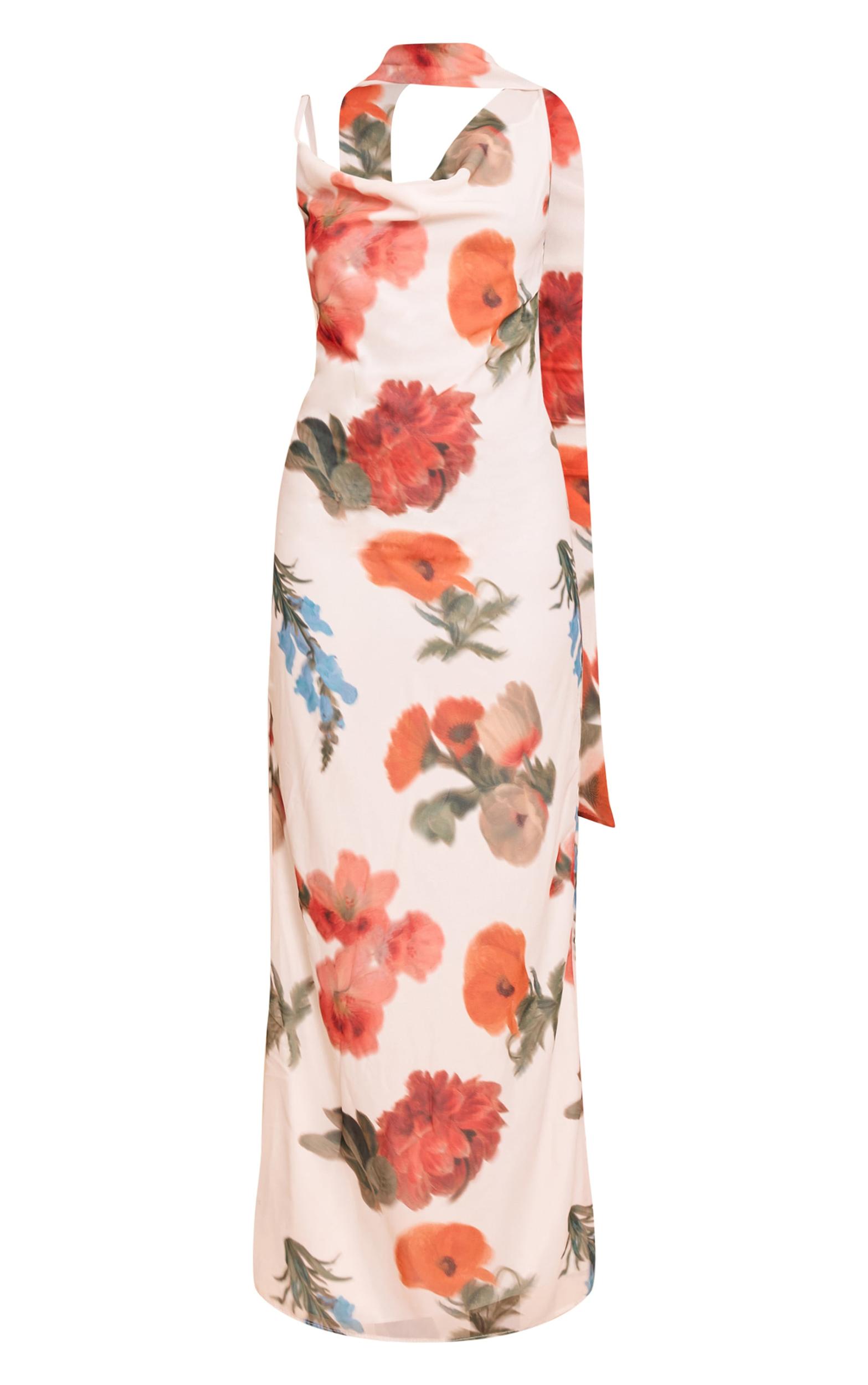 White Floral Print Chiffon Scarf Maxi Dress Product Image