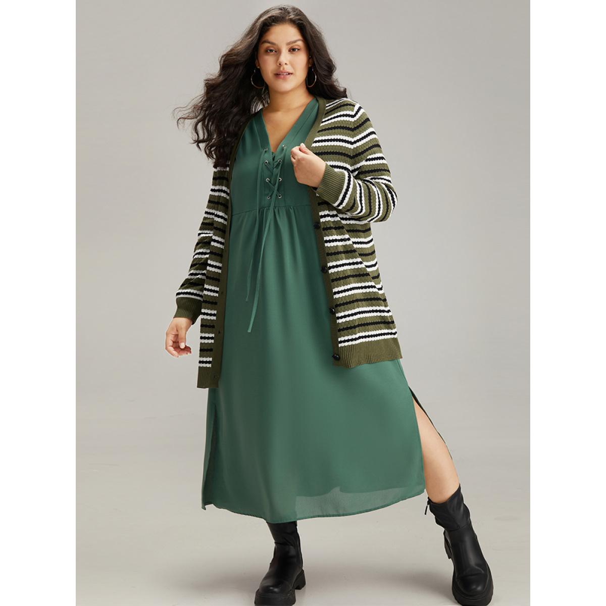 Plus Size Plain Lace Up Split Hem Lantern Sleeve Dress Mint Women Casual Elastic cuffs Tie Neck Long Sleeve Curvy Midi Dress BloomChic 30/6X Product Image