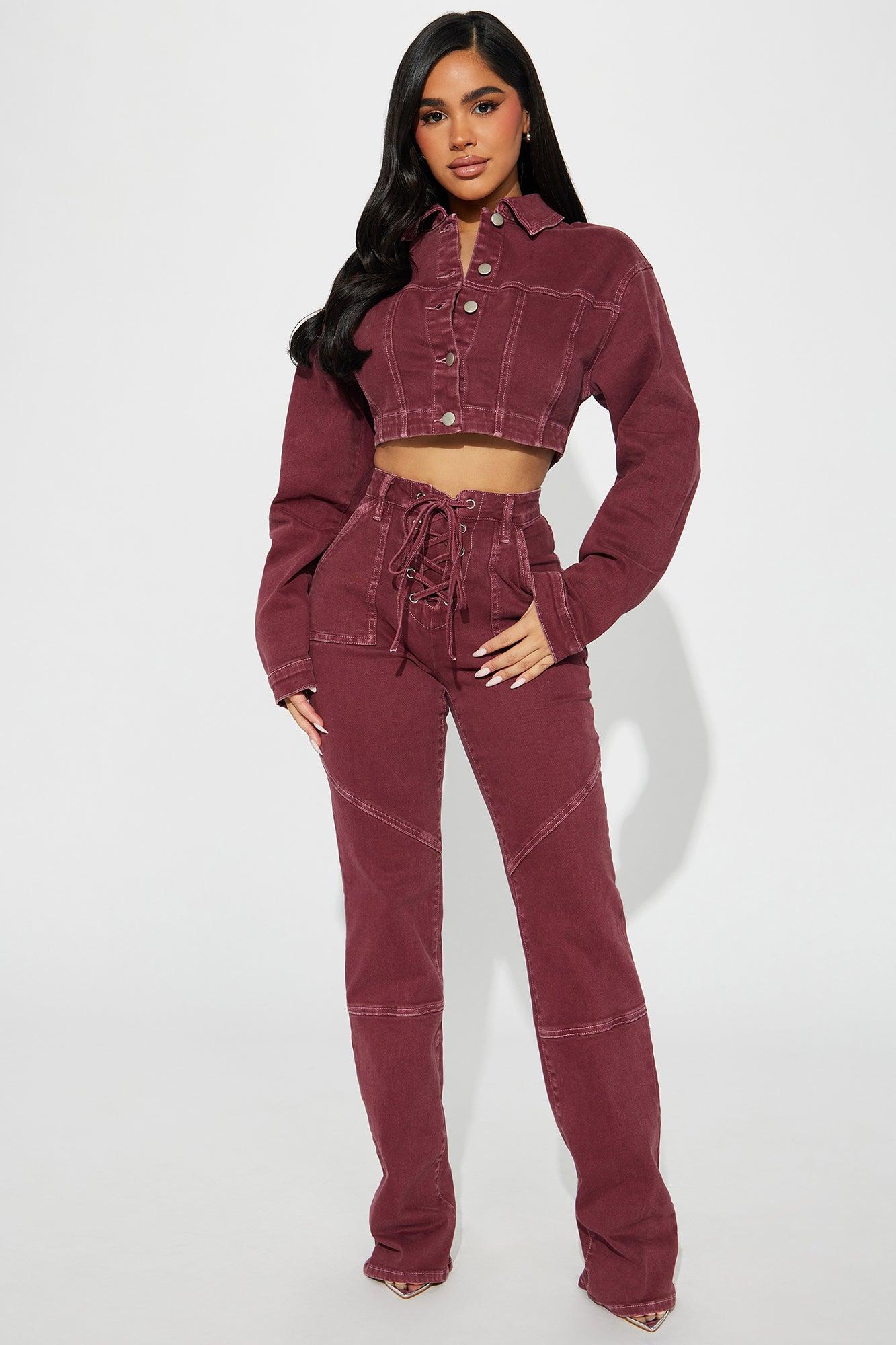 Bordeaux Lace Up Bootcut Jeans - Wine Product Image