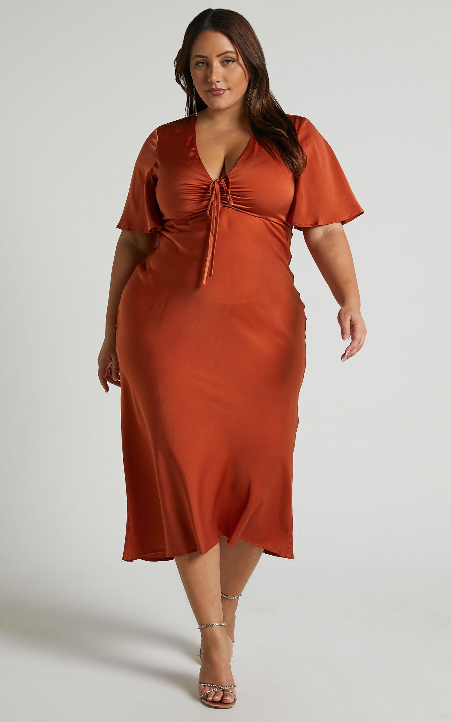 Nicholla Midi Dress - Ruched Front Angel Sleeve Slip Dress in Copper Product Image