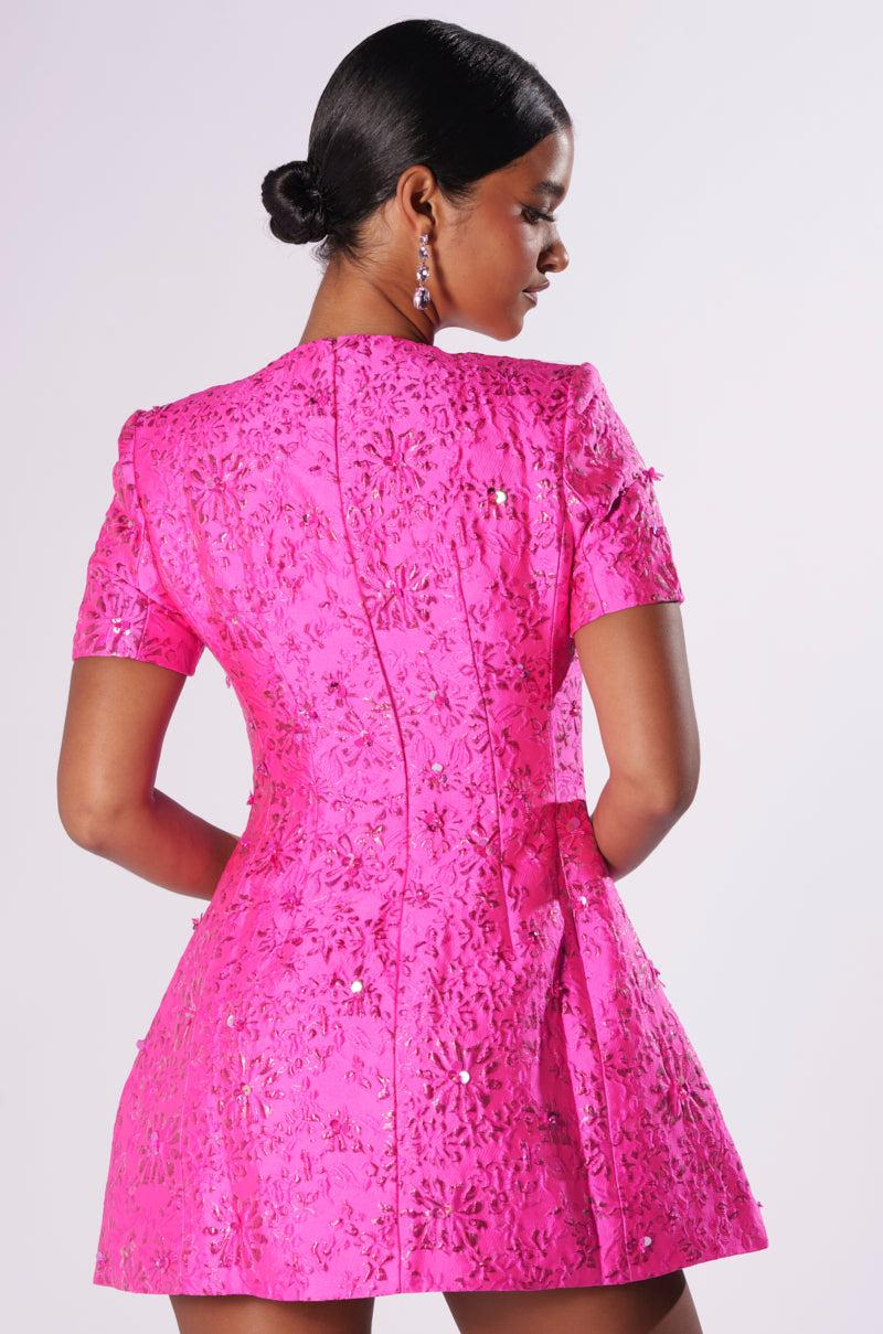 PRETTY IN PINK BROCADE BEADED MINI DRESS Product Image