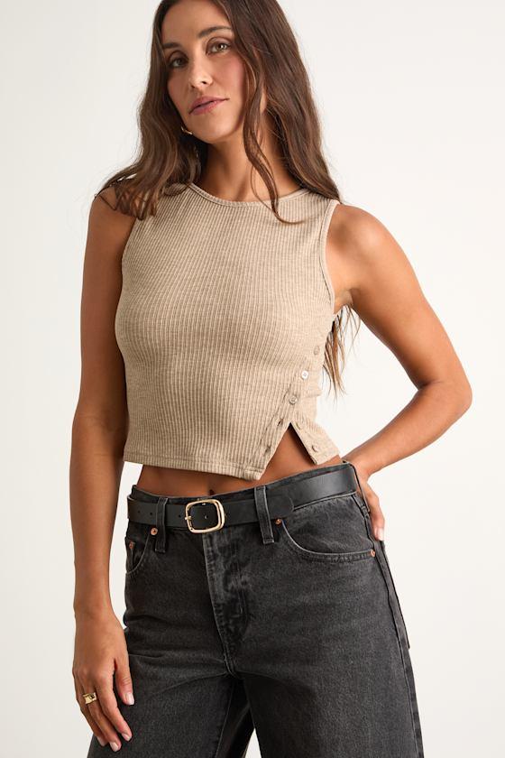 Michayla Taupe Ribbed Knit Side-Button Tank Top Product Image
