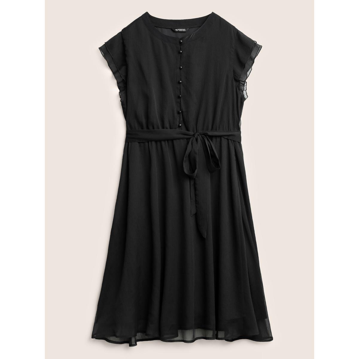 Plus Size Solid Mesh Belted Ruffle Cap Sleeve Dress Black Women At the Office Non Round Neck Cap Sleeve Curvy Midi Dress BloomChic 26/4X Product Image