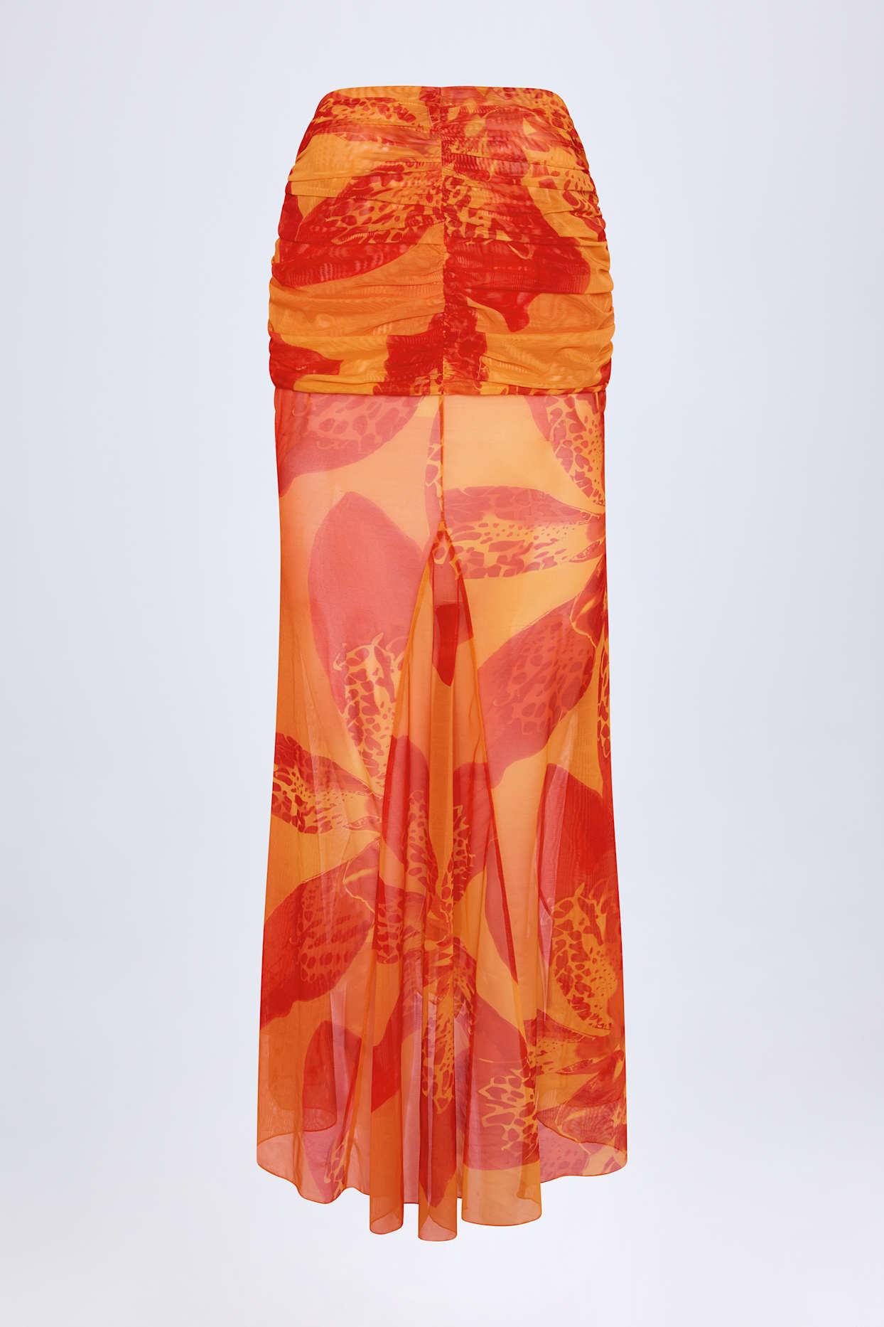 Ruched Hardware-Detail Fishtail Maxi Skirt in Orange Orchid Print Product Image
