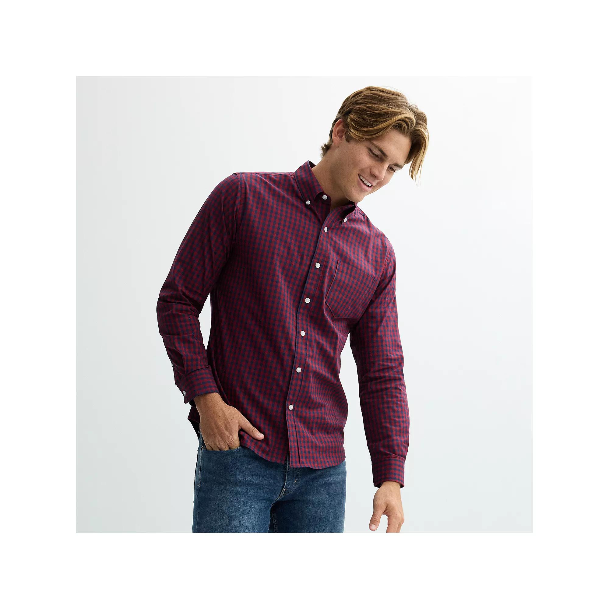 Men's Sonoma Goods For Life® Long Sleeve Perfect Length Button-Down Shirt, Size: Medium, Blue Gingham Product Image