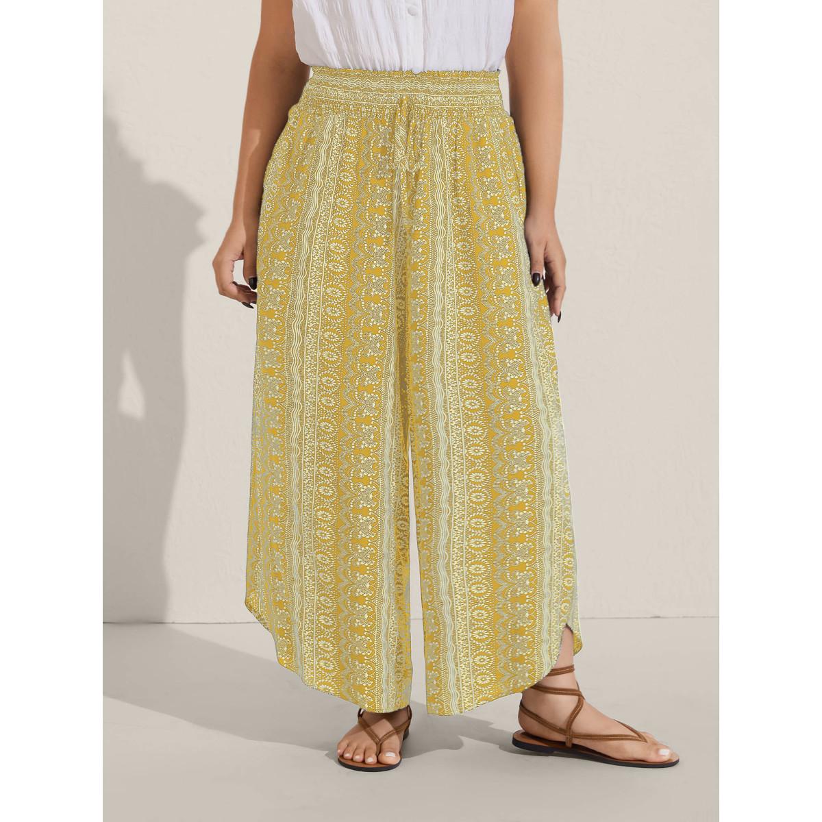 Plus Size Boho Print Shirred Waist Wide-Leg Pants Women Lemonyellow Boho Wide Leg Mid Rise Vacation Pants BloomChic 12/L Product Image