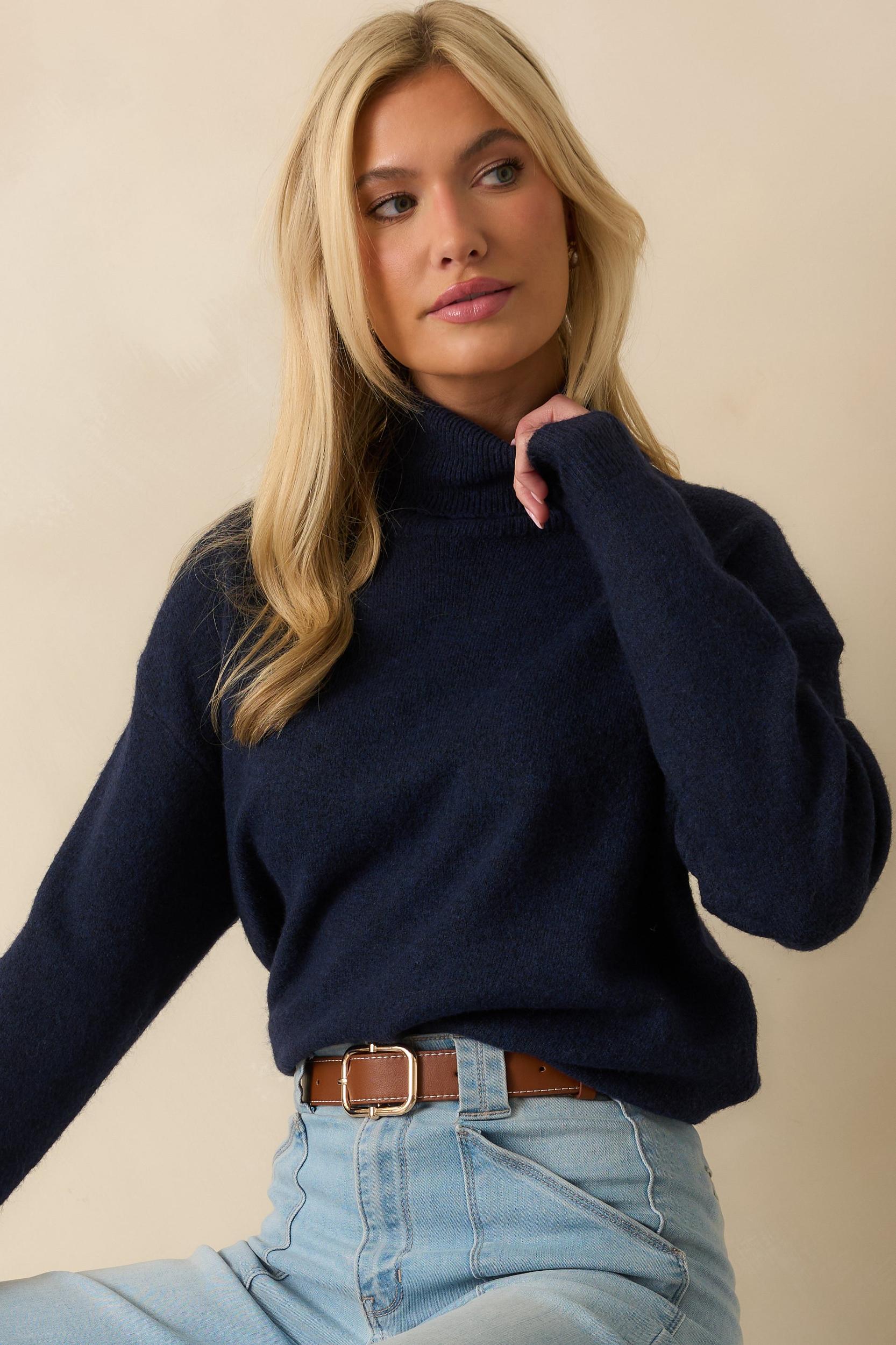 For The Best Navy Knit Long Sleeve Turtleneck Sweater Product Image