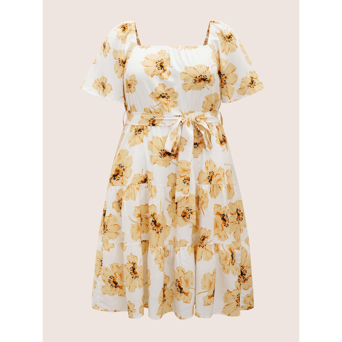 Plus Size Square Neck Floral Raglan Sleeve Belted Dress Yellow Women Elegant Belted Square Neck Short sleeve Curvy BloomChic 14-16/1X Product Image