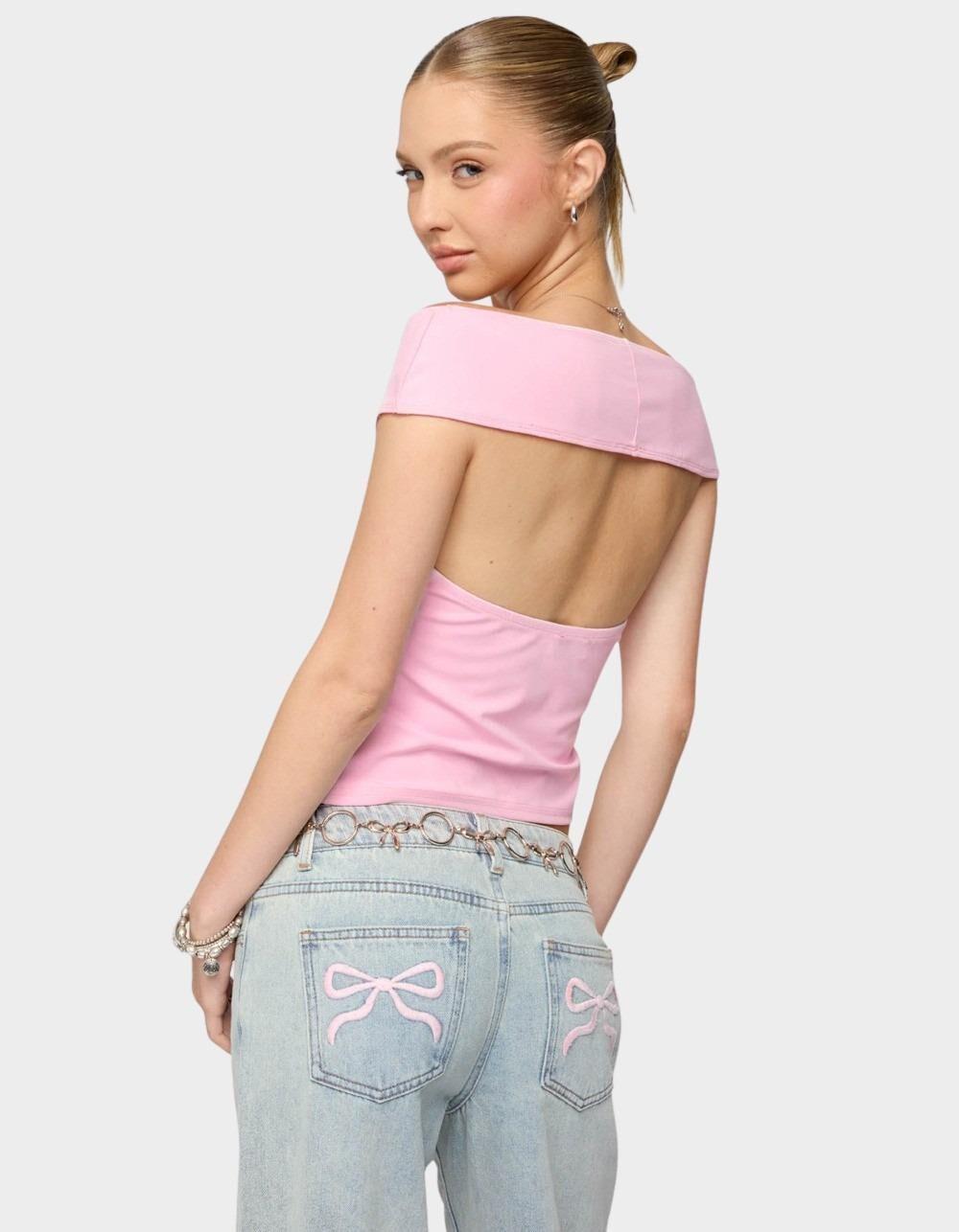 EDIKTED Mikkey Cut Out Off Shoulder Top - LIGHT PINK Product Image