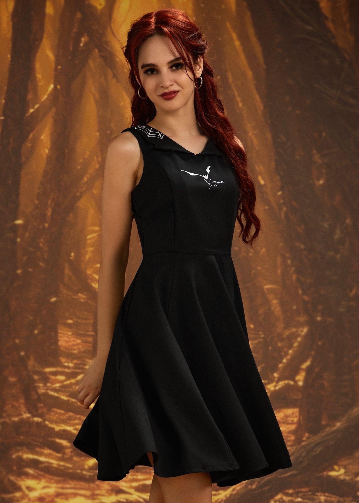 Black Bat Embroidered Swing Dress Product Image
