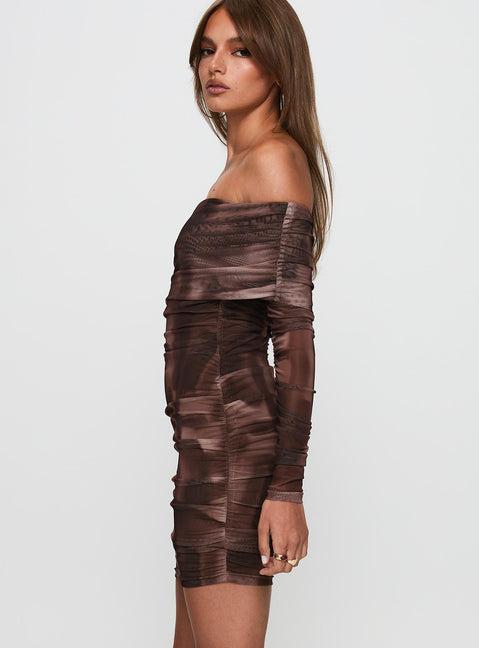 Raquella Long Sleeve Mini Dress Brown Product Image