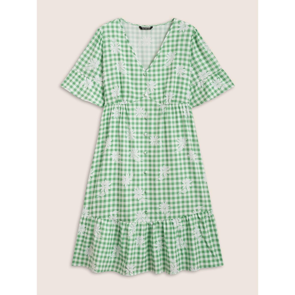 Plus Size Gingham Floral Ruffles Button Detail Dress Sage Women Casual Button V-neck Half Sleeve Curvy BloomChic 12/L Product Image